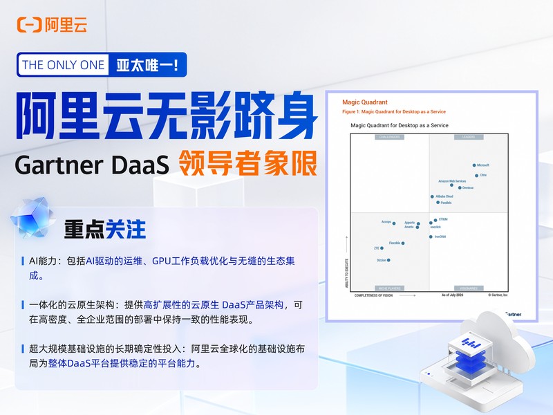 《亚太唯一！阿里云首次进入 Gartner全球 DaaS领导者象限》